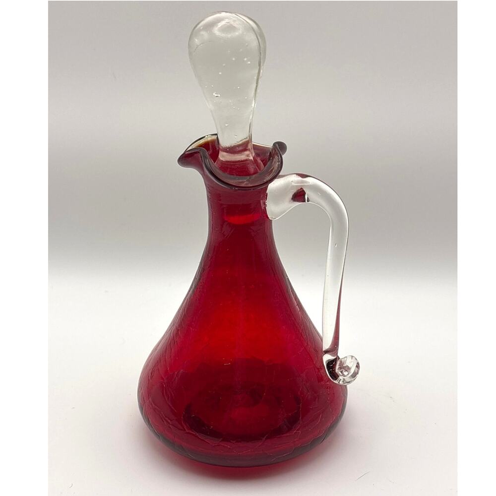 Ruby Red Crackle Glass Mini Cruet Clear Stopper and Applied Handle Vintage MCM